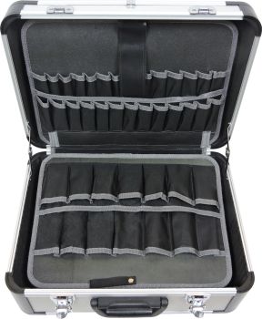 FAMEX 700-L Alu Werkzeugkoffer (leer) mit 2 Paletten mit 56 Einstecktaschen, Facheinteilung im Kofferboden
